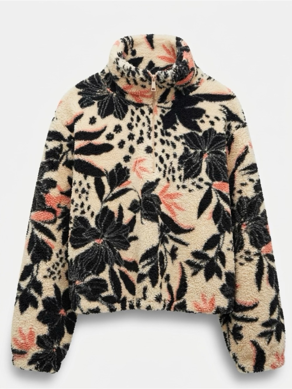 O'Neill Floral Sherpa quarter zip fall Jacket - Cream/Black/Pink